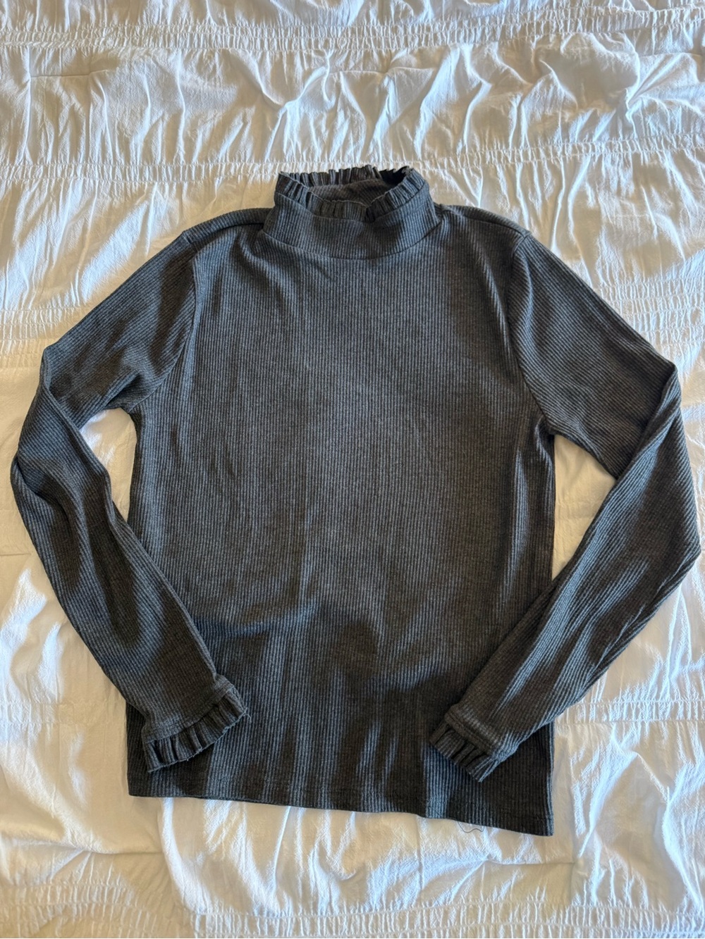 J. Crew Charcoal Rib Ruffle Mock Neck Slim fit Shirt Size Large - Picture 2 of 9